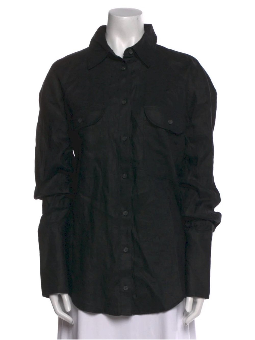 Helsa Black Linen Button-Up Shirt with Chest Pockets